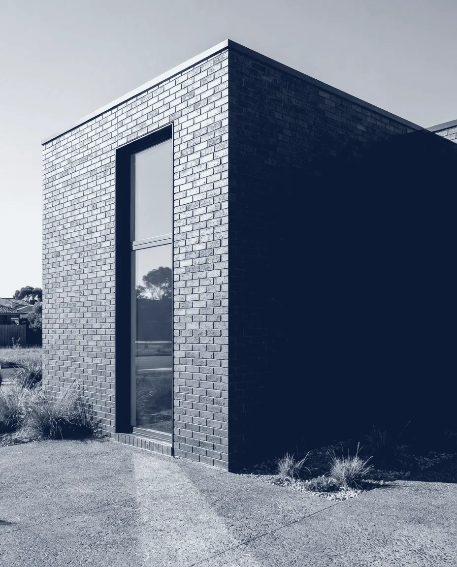 Cyanotype print of House Verlat, a brick courtyard house in raking daylight