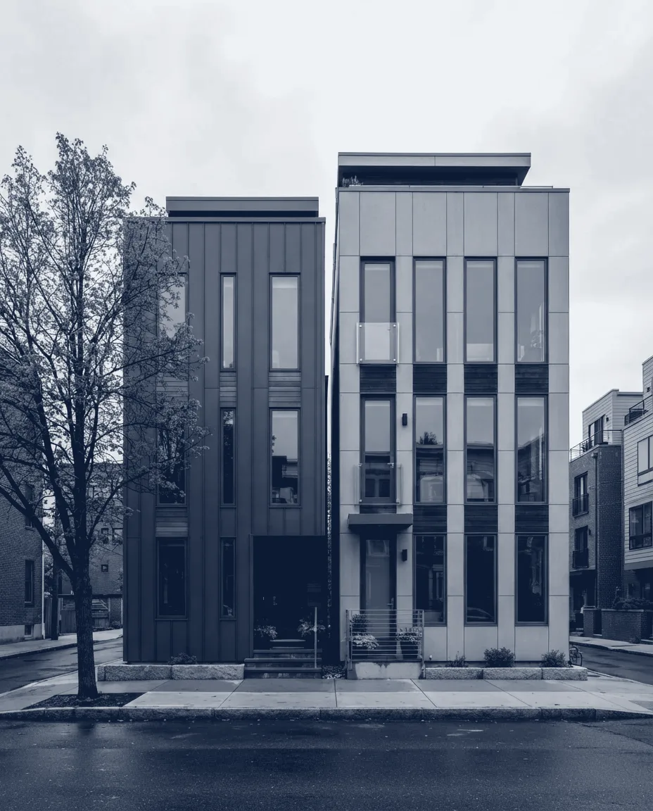 Cyanotype print of Two Sisters, a pair of narrow townhouses seen from the street